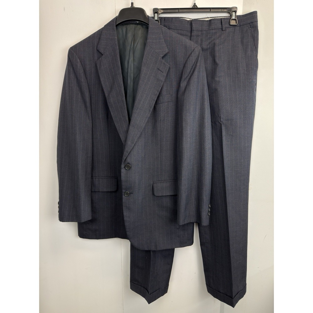 Vtg Old School Men's 2-piece‎ Wool Suit Blazer 42L Pants 36X32 Navy Pinstripe